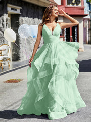 Robe de Soirée Princesse en Tulle à Col en V Longueur au Sol Vert Menthe Grande Taille