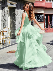 Robe de Soirée Princesse en Tulle à Col en V Longueur au Sol Vert Menthe Grande Taille