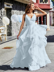 Robe de Soirée Princesse en Tulle à Col en V Longueur au Sol Brume Grande Taille