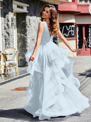 Robe de Soirée Princesse en Tulle à Col en V Longueur au Sol Brume