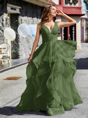 Robe de Soirée Princesse en Tulle à Col en V Longueur au Sol Mousse Grande Taille
