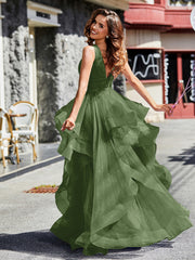 Robe de Soirée Princesse en Tulle à Col en V Longueur au Sol Mousse Grande Taille