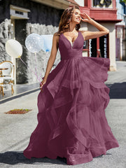 Robe de Soirée Princesse en Tulle à Col en V Longueur au Sol Mûre Grande Taille
