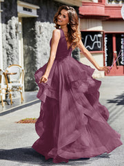 Robe de Soirée Princesse en Tulle à Col en V Longueur au Sol Mûre Grande Taille