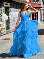 Robe de Soirée Princesse en Tulle à Col en V Longueur au Sol Bleu Océan Grande Taille