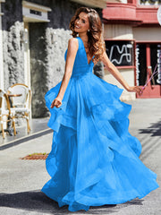 Robe de Soirée Princesse en Tulle à Col en V Longueur au Sol Bleu Océan Grande Taille