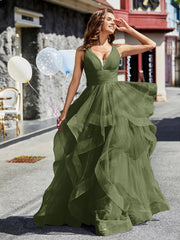 Robe de Soirée Princesse en Tulle à Col en V Longueur au Sol Olive Verte Grande Taille
