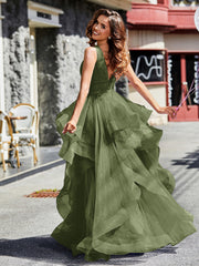Robe de Soirée Princesse en Tulle à Col en V Longueur au Sol Olive Verte