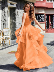 Robe de Soirée Princesse en Tulle à Col en V Longueur au Sol Orange Grande Taille