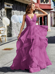 Robe de Soirée Princesse en Tulle à Col en V Longueur au Sol Orchidée Grande Taille
