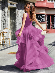 Robe de Soirée Princesse en Tulle à Col en V Longueur au Sol Orchidée Grande Taille