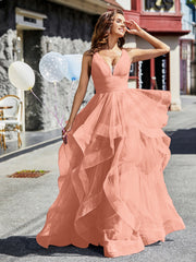 Robe de Soirée Princesse en Tulle à Col en V Longueur au Sol Papaye Grande Taille