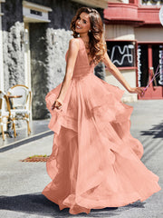 Robe de Soirée Princesse en Tulle à Col en V Longueur au Sol Papaye
