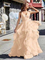 Robe de Soirée Princesse en Tulle à Col en V Longueur au Sol Pêche Grande Taille