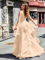 Robe de Soirée Princesse en Tulle à Col en V Longueur au Sol Pêche