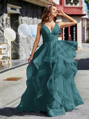 Robe de Soirée Princesse en Tulle à Col en V Longueur au Sol Paon Grande Taille