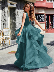 Robe de Soirée Princesse en Tulle à Col en V Longueur au Sol Paon Grande Taille