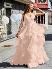 Robe de Soirée Princesse en Tulle à Col en V Longueur au Sol Rose Perle Grande Taille