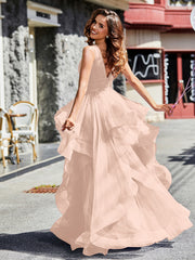 Robe de Soirée Princesse en Tulle à Col en V Longueur au Sol Rose Perle Grande Taille