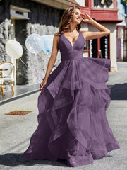 Robe de Soirée Princesse en Tulle à Col en V Longueur au Sol Plum