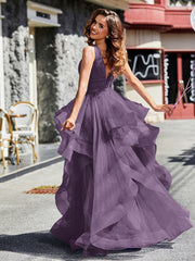 Robe de Soirée Princesse en Tulle à Col en V Longueur au Sol Plum