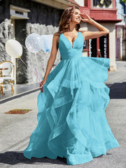 Robe de Soirée Princesse en Tulle à Col en V Longueur au Sol Piscine Grande Taille