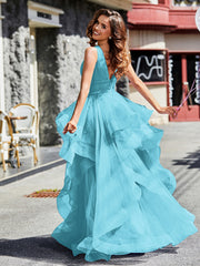 Robe de Soirée Princesse en Tulle à Col en V Longueur au Sol Piscine Grande Taille