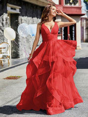 Robe de Soirée Princesse en Tulle à Col en V Longueur au Sol Rouge Grande Taille