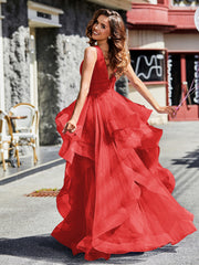 Robe de Soirée Princesse en Tulle à Col en V Longueur au Sol Rouge Grande Taille