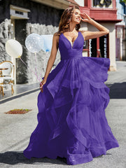 Robe de Soirée Princesse en Tulle à Col en V Longueur au Sol Régence Grande Taille