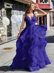 Robe de Soirée Princesse en Tulle à Col en V Longueur au Sol Bleu Royale