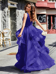 Robe de Soirée Princesse en Tulle à Col en V Longueur au Sol Bleu Royale Grande Taille