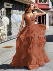 Robe de Soirée Princesse en Tulle à Col en V Longueur au Sol Rouille Grande Taille