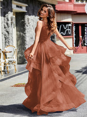 Robe de Soirée Princesse en Tulle à Col en V Longueur au Sol Rouille