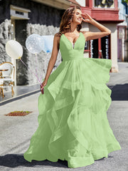 Robe de Soirée Princesse en Tulle à Col en V Longueur au Sol Sauge