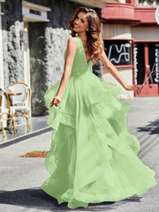 Robe de Soirée Princesse en Tulle à Col en V Longueur au Sol Sauge