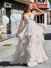 Robe de Soirée Princesse en Tulle à Col en V Longueur au Sol Argent