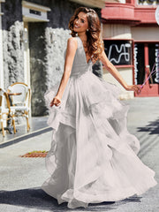 Robe de Soirée Princesse en Tulle à Col en V Longueur au Sol Argent Grande Taille
