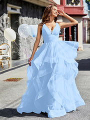 Robe de Soirée Princesse en Tulle à Col en V Longueur au Sol Bleu Ciel