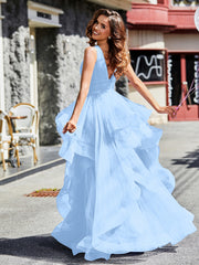 Robe de Soirée Princesse en Tulle à Col en V Longueur au Sol Bleu Ciel
