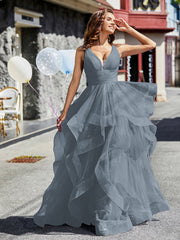 Robe de Soirée Princesse en Tulle à Col en V Longueur au Sol Bleu de Schiste Grande Taille