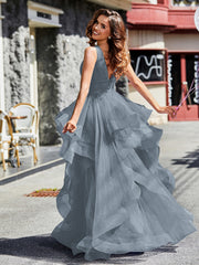Robe de Soirée Princesse en Tulle à Col en V Longueur au Sol Bleu de Schiste Grande Taille