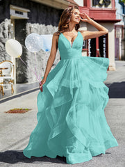 Robe de Soirée Princesse en Tulle à Col en V Longueur au Sol Spa Grande Taille