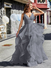 Robe de Soirée Princesse en Tulle à Col en V Longueur au Sol Gris Acier Grande Taille