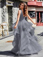 Robe de Soirée Princesse en Tulle à Col en V Longueur au Sol Gris Acier Grande Taille