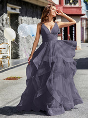 Robe de Soirée Princesse en Tulle à Col en V Longueur au Sol Orageux