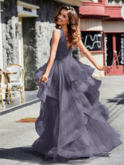 Robe de Soirée Princesse en Tulle à Col en V Longueur au Sol Orageux