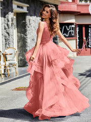 Robe de Soirée Princesse en Tulle à Col en V Longueur au Sol Sunset Grande Taille