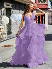 Robe de Soirée Princesse en Tulle à Col en V Longueur au Sol Tahiti