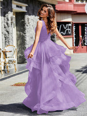 Robe de Soirée Princesse en Tulle à Col en V Longueur au Sol Tahiti Grande Taille